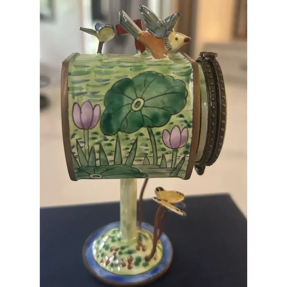 Vtg 2001 Kelvin Chen Box Frog Stamps Mailbox Lilly Pad Bird Bee Trinket Box Slot